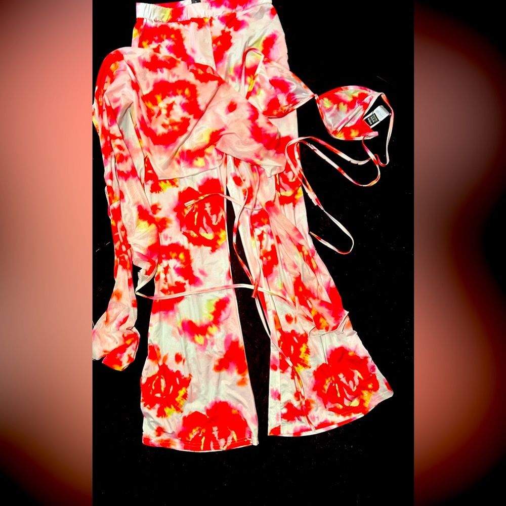 SHEIN Red and Pink Tie-Dye Flare Pants